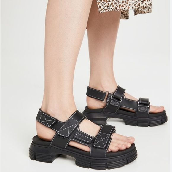 NWT GANNI Recycled Rubber Chunky Logo Platform Black Sandals Flatform Lugged - Picture 7 of 15